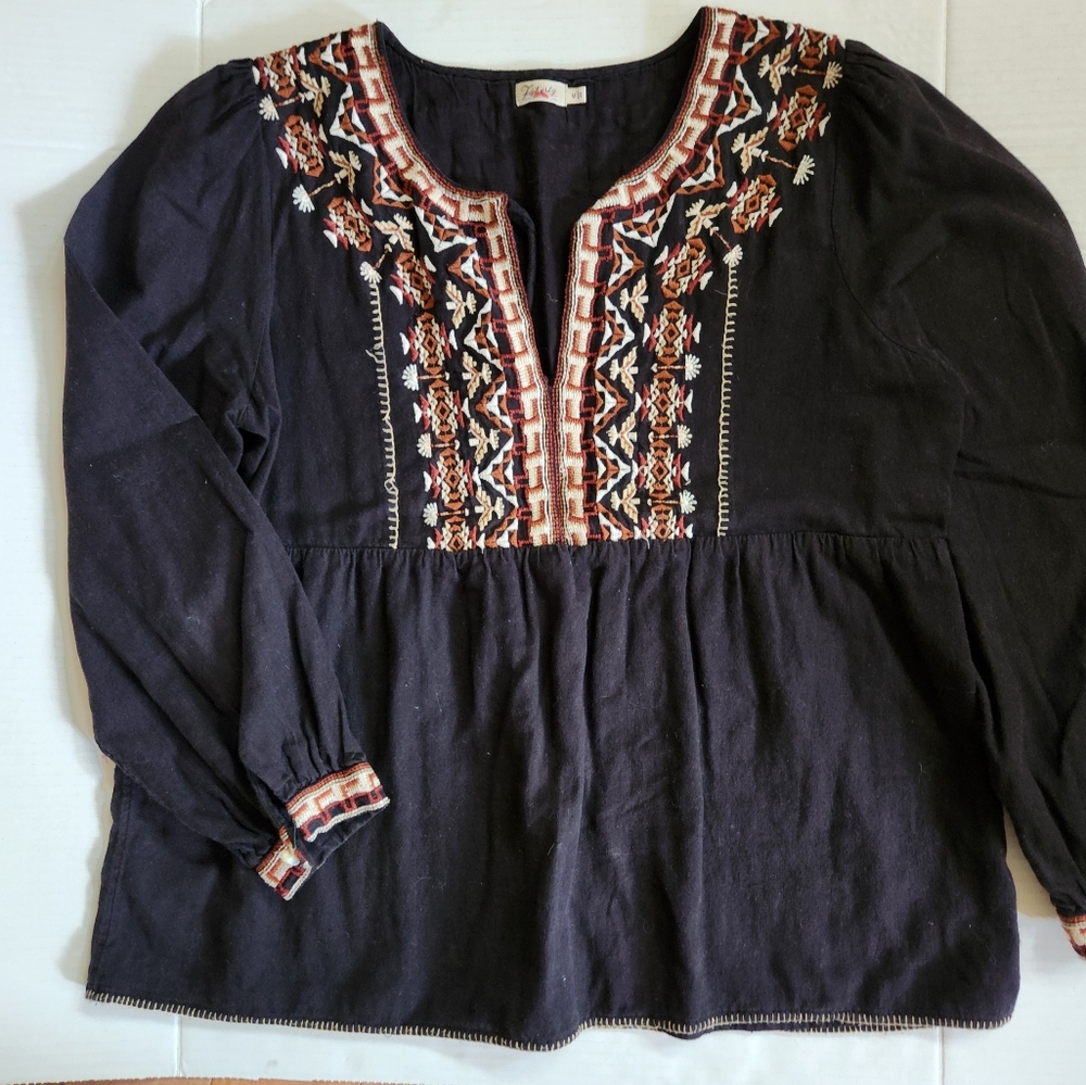 Faherty Embroidered Cotton Tunic Top Black Boho Festival Prairie Size M